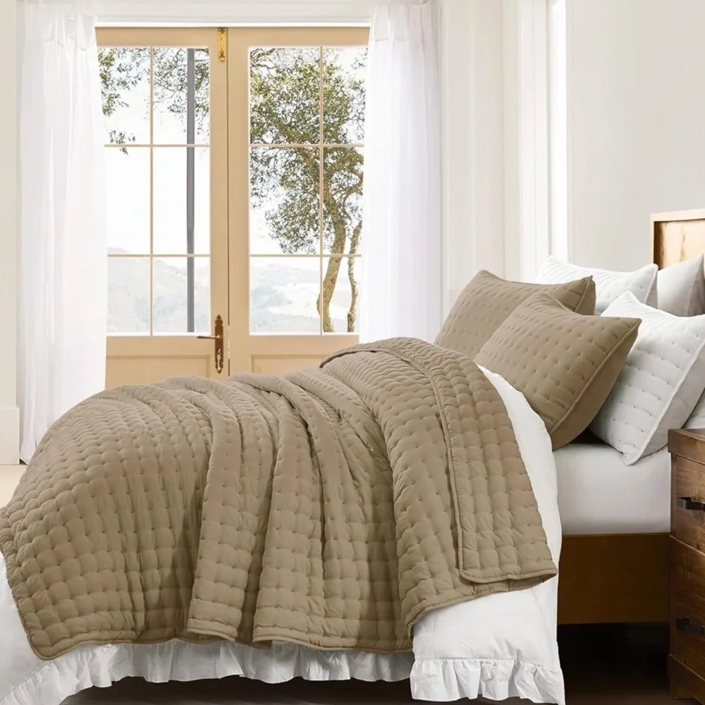 🆕 PB Style King Quilt Set Tufted Classic Taupe 3 Piece Luxury Hotel Bedding
